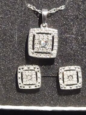 Sterling Silver Square Halo Pendant Necklace and Earrings with Natural Diamonds